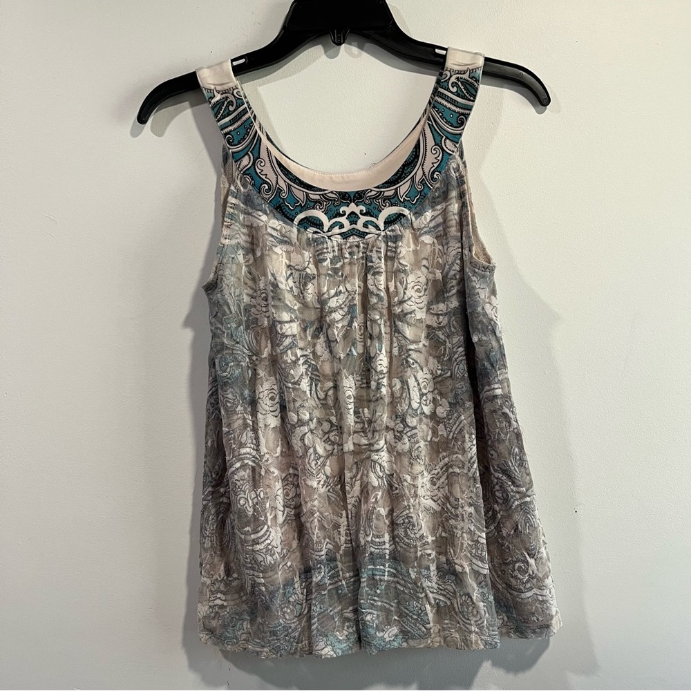 Y2K Cato Sleeveless Printed Tunic Tank Top in Teal and Cream size small